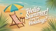 © Mahfujur - Hello summer beach holiday banner with tropical leaves umbrella chair and ocean wave background design