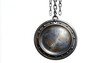 © Kunci - A weathered, circular porthole with a chain hangs suspended against a stark white background, evoking a sense of nautical history and industrial design.