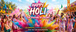 © Shaon Mondal - Happy holi festival banner featuring joyful crowd covered in colorful paints under sunny sky.