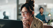 © peopleimages.com - Woman, laptop and smile in office with celebration, networking and excited for deal. Happy person, entrepreneur bonus and approval with tech for project, planning or success at publishing startup