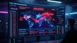 © Hassan - Man analyzing global cyber threat on large computer screen with red and blue data visualization