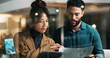 © peopleimages.com - Business, people and tablet with document at night for research, data analysis and finance report. Team, digital and paperwork with statistics, financial comparison and working late for profit growth