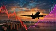 © Eve - Global aviation and energy market crisis concept with airplane silhouette, falling red stock market charts and oil barrels over sunset sky background.