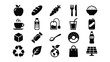 © STOCK BD - Collection of food and drink icons including fruit bread vegetables coffee tea sweets beverages with solar panel hot drink cold drink flat design junk food organic food eco friendly recycling