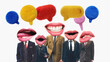 © master1305 - Surreal business team with oversized lips under colorful speech bubbles on clean background with copy space. Ideal for marketing, social media, corporate communication and branding.