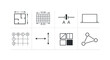 © Alex - Set of monochrome engineering and architecture diagram symbols including floor plan, dimensioned grid, electrical schematic, graph axes, window icons, and network nodes