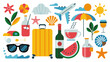© Digishopppp - A colorful flat lay illustration depicts various summer vacation elements including travel accessories beach items and refreshing drinks high quality professional detailed modern elegant stylish clean