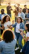 © D-point - Group of happy young multiracial women and men dancing outdoors, concept of leisure activity and friends having fun in sun.