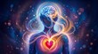 © Sonthana - A vibrant illustration showing the connection between brain and heart energy in a glowing human figure surrounded by swirling light and cosmic particles.