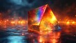 © hongzhi - A 3D rendering of a transparent crystal prism refracting a laser beam into a vibrant rainbow spectrum against a dark background, showcasing glass reflection effects and ultra-fine glass material.