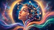 © Sonthana - A woman surrounded by colorful streams and glowing symbols, representing creativity, curiosity, and introspection in a cosmic, imaginative setting.