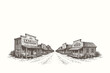 © Chairul - Detailed engraving style vector illustration of a wild west saloon and wooden town buildings lining a dusty street in a classic frontier village.