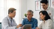 © Chenda - A doctor, a young Asian man, and a woman are gathered around a tablet, discussing medical information. The doctor, an older Asian man with gray hair and glasses,
