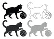 © HayeGareebi - バスケットボールで遊ぶ猫のシルエット、4種類の異なるスタイルで描かれた猫とボールのベクターイラストセット、スポーツを楽しむ動物のアイコン、モノトーンのシンプルなロゴデザイン素材