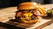 © Studio Fiuza - Gourmet double cheeseburger with bacon and fries on a rustic wooden board