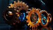 © antishock - Complex metallic gears interlock. Blue light accents internal mechanisms. Reflective surface creates dramatic visual effect. Precision engineering evident.