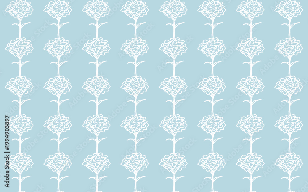 Pale blue background retro carnation pattern with white line flowers ...