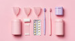 © MOH - Different feminine hygiene items on pink background