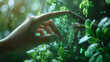 © Natalya - Human hand touching digital interface with curious mood blending technology and nature in green forest background