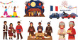 © Sagor - Set of global cultural celebrations featuring Indian Holi festival French Bastille Day Chinese Mid-Autumn festival American Thanksgiving and traditional folk characters for world heritage themes.