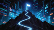 © achraf - Winding Path to Flag on Mountain Peak in Digital Cityscape achievement ambition.