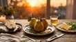 © Viacheslav - Fresh pears on plates with warm orange backdrop at sunset, food scene, commercial stock appeal, inviting presentation, balanced composition, realistic lighting, crisp focus, refined atmosphere,
