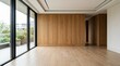 © Влада Яковенко - Modern empty room with wood panels and natural lighting, stylish interior background for architecture, real estate and product display concepts, clean lines, balanced composition, realistic materials,