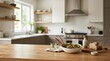 © Coosh448 - Blurred modern kitchen background with wooden countertop and appliances, clean product display scene for food, kitchenware and lifestyle branding, realistic materials, balanced composition, soft