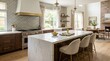 © Coosh448 - Kitchen island with white marble top and stylish backsplash, elegant interior for home decor, renovation and real estate marketing, realistic materials, balanced composition, soft daylight, crisp