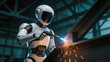 © Olesya - White robot welder working at construction site. Artificial intelligence in heavy industry and manufacturing. Futuristic technology automation.