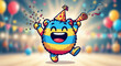 © Soraya - A colorful cartoon character celebrates a festive party with balloons and confetti.