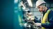©  Arise Leo - caucasian or hispanic latin man worker wearing safety goggles control lathe machine to drill components. Metal lathe industrial manufacturing factory