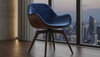 © Imran - Modern blue chair with wooden legs in a room with a city view