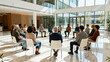 © Abdelati - Diverse group of people in support circle, community meeting in modern office atrium, corporate team building workshop in bright lobby isolated on White Background