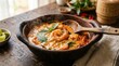 © peppastocker - Jumbo shrimp in a creamy coconut curry sauce bubbling gently in a traditional earthenware bowl, vibrant red curry paste visible, Thai basil leaves floating in the rich