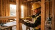 © peppastocker - Construction worker in safety helmet measuring wooden wall frame with metal tape, morning sunlight streaming through open building shell, dust particles visible in golden