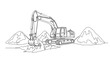 © Anjas - Monochromatic continuous line drawing of a heavy-duty excavator actively digging a trench surrounded by fresh earth mounds on a clean white background.