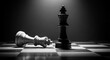 © 0712 - Black king stands tall over the defeated white king on the board during a challenging match representing a strategic victory and the ultimate triumph of leadership over the opponent in