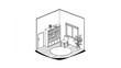 © Lycee - Isometric monochrome room rendering with furniture, plants, and a window