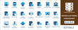 © icon_solution - Server and database management icon set featuring cloud storage, SQL, NoSQL, data backup, recovery, network security, performance analytics, firewall, and server hosting symbols.