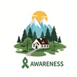 © Pitu - A serene landscape illustration featuring a house, mountains, and trees, with a green awareness ribbon and text below.