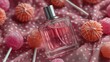 © Zhiandra_Dsgn - Elegant Pink Perfume Bottle Lying on Sugar Pink Fabric with Lollipops