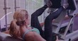 © vectorfusionart - Pressing woman pushing legs on leg press at gym, wearing teal bra, leggings with digital overlay