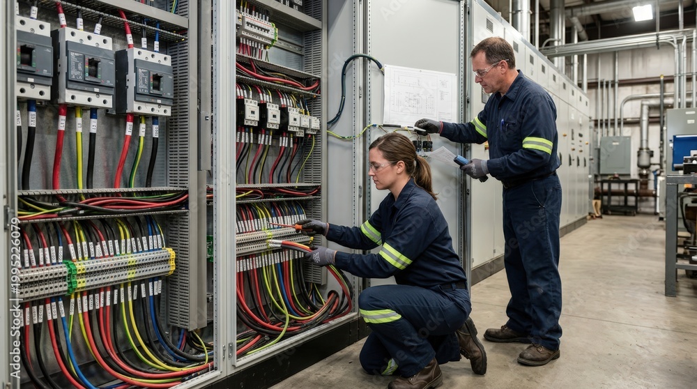 Motor control center interior shown with skilled workers connecting ...