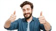 © Pro Hi-Res - Young man with a beard showing a double thumbs up gesture.
