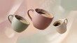© AridhoNurrizta - Three steaming coffee cups float in air with soft pastel background