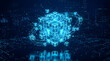 © mcjanuald - Glowing blue modular cube floating in dark digital space representing blockchain technology and decentralized network systems.