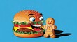 © 512 - Funny Cartoon Hamburger Hugging a Gingerbread Man on Blue Background.