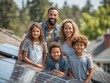 © Johannes - Multiracial family collaboratively installing solar water heater on suburban home's rooftop at bright noon