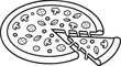 © Sojib - Pizza with One Slice Being Pulled Away, Topped with Mushrooms, Olives, and Pepperoni, Minimalist Line Art Style Black and White Vector Illustration